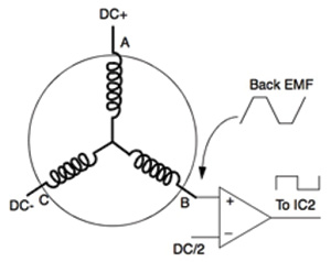 Simple comparator circuit for measuring back EMF Circuito del comparador simple de Microchip